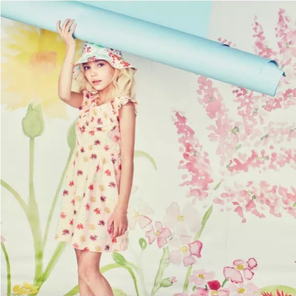 Janie & Jack Hopscotch Peachy Pink Floral Cold Shoulder Dress Back To School S6 - Picture 3 of 6